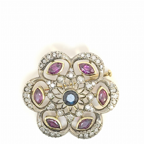  Spilla in oro argento con zaffiro, rubini e diamanti presso Castignoli - Orologeria e gioielleria a Monza